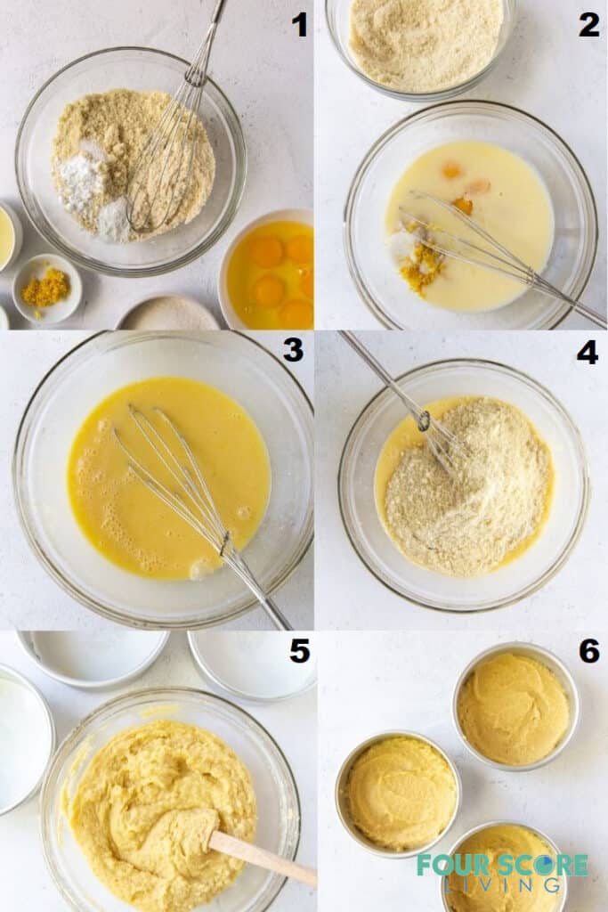 photo collage of 6 steps to make keto lemon cake.