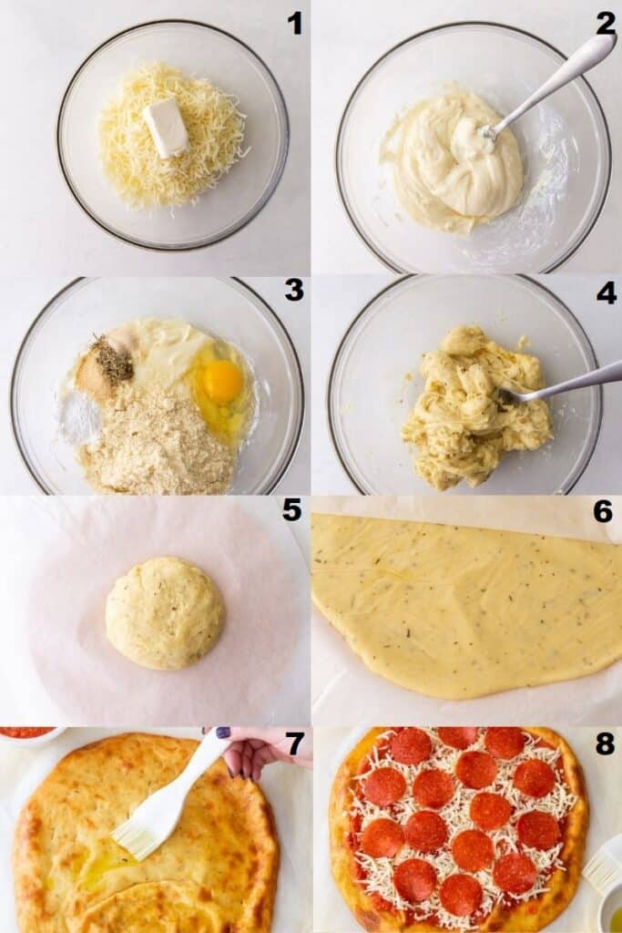 photo collage of 8 steps for making keto pizza