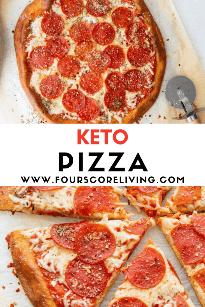 images of keto pizza with cheese and pepperoni, text overlay says keto pizza
