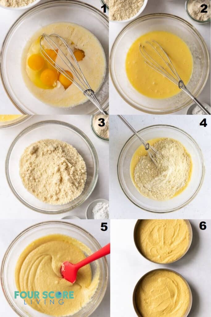 photo collage of 6 steps to make keto vanilla cake.