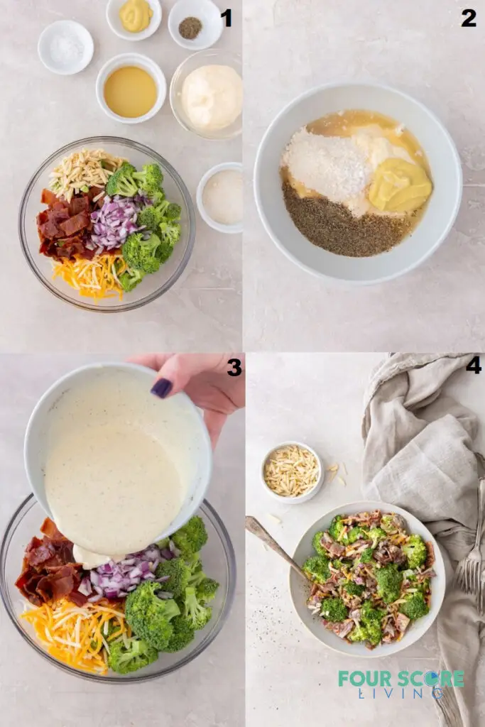 A photo collage showing four steps to take when making cold broccoli salad