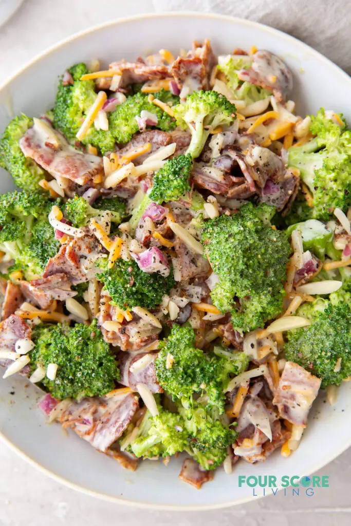 closeup view of keto broccoli salad in a bowl.