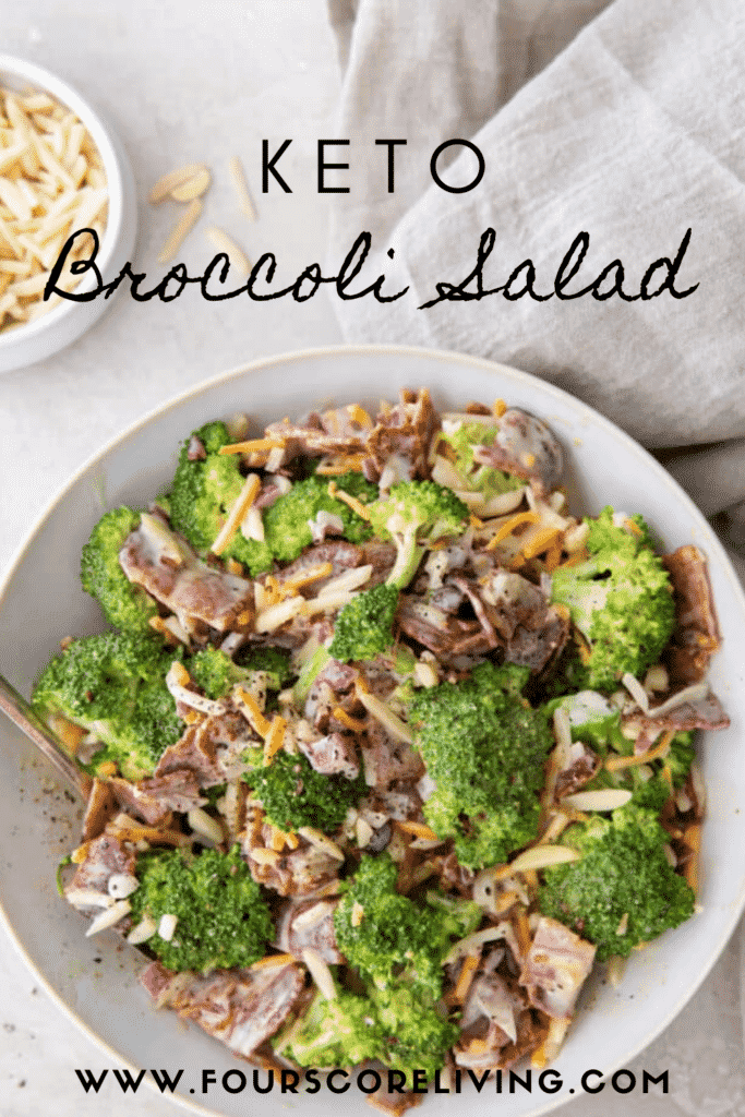 a bowl of keto broccoli salad with a text overlay