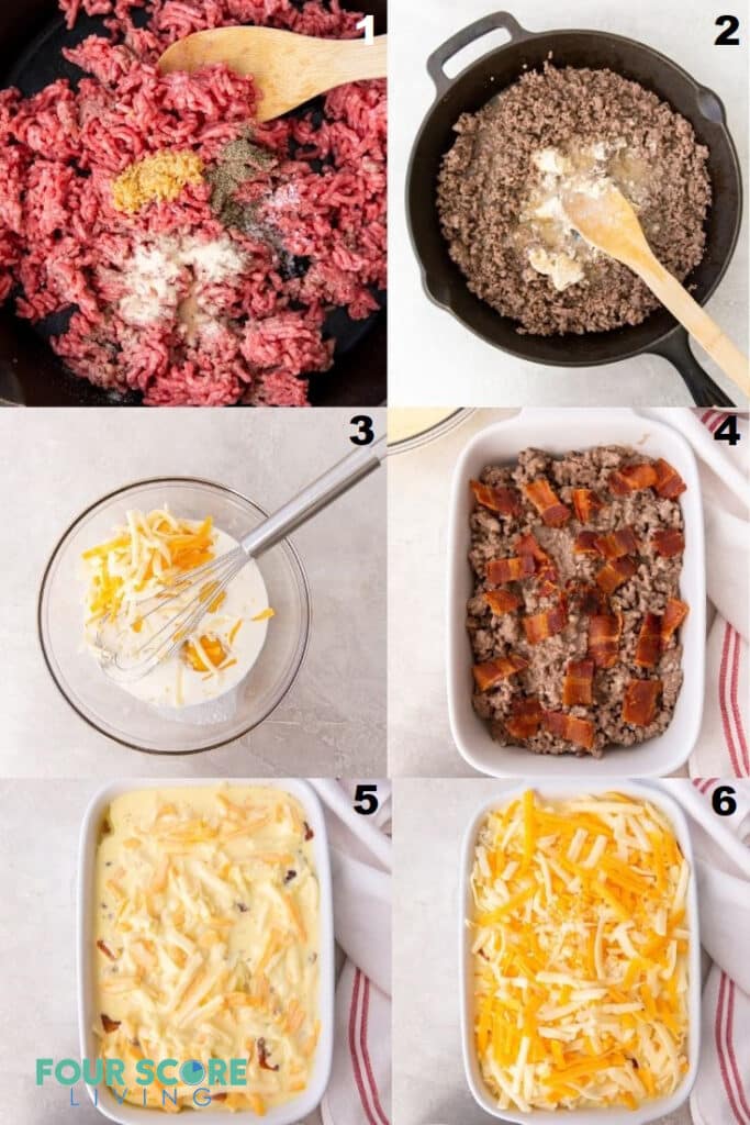 a photo collage showing six steps needed when making keto cheeseburger casserole.
