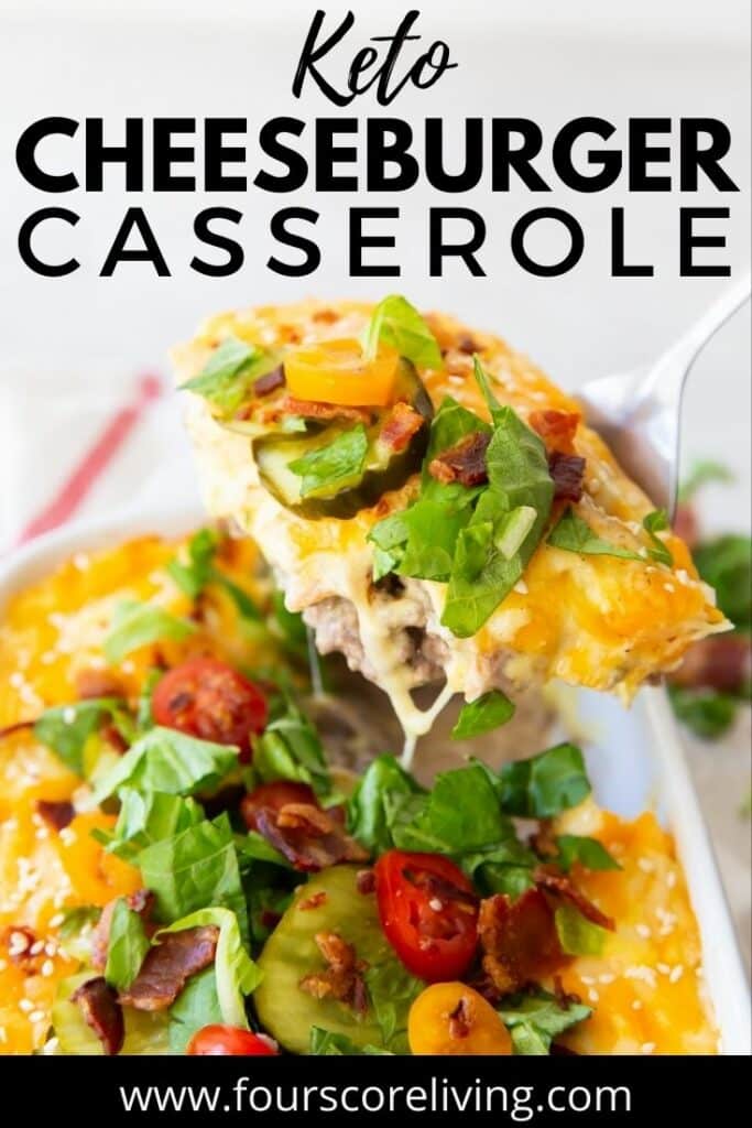 image of keto cheeseburger casserole being served, with a title at the top of the image, for pinterest