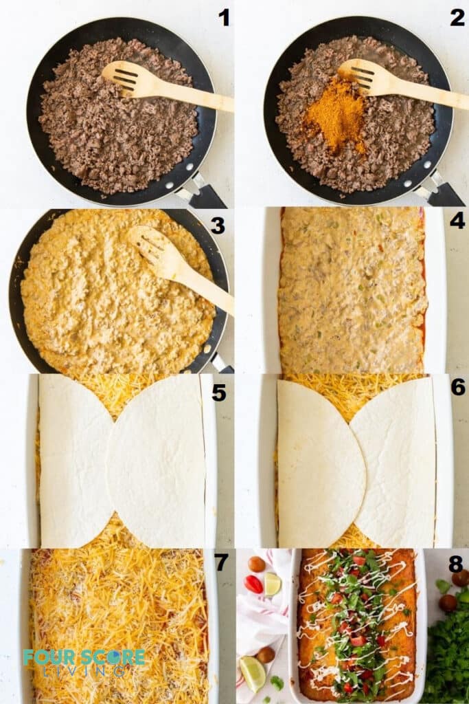 photo collage showing 8 steps needed when making keto taco casserole.