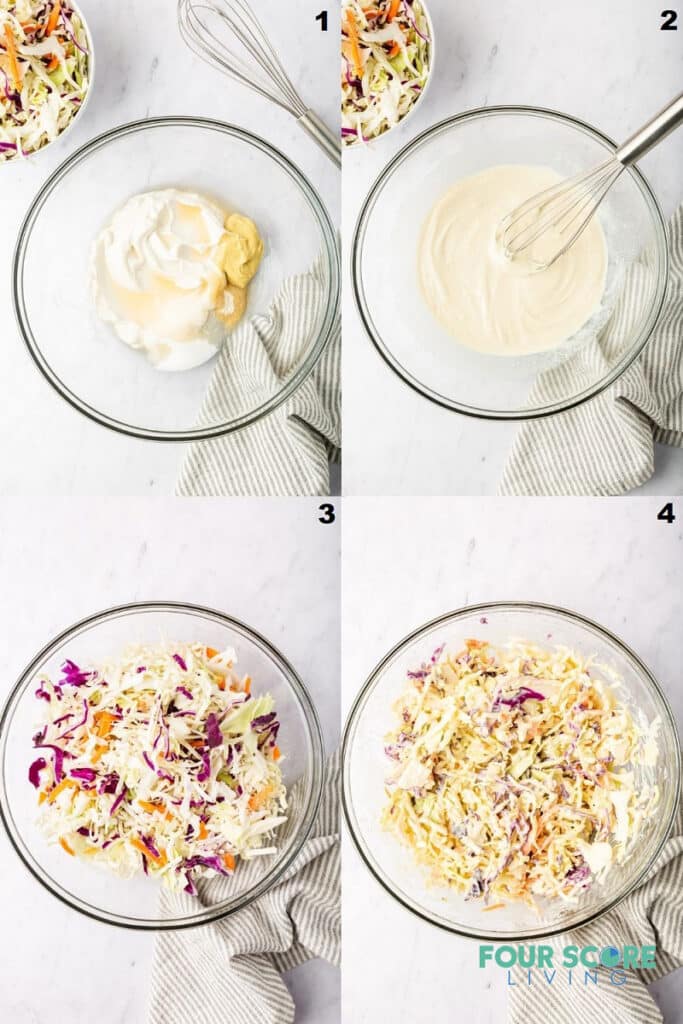 a collage of four photos showing steps to make keto coleslaw