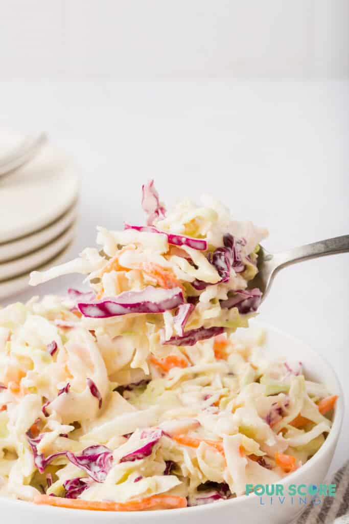 a fork with keto coleslaw