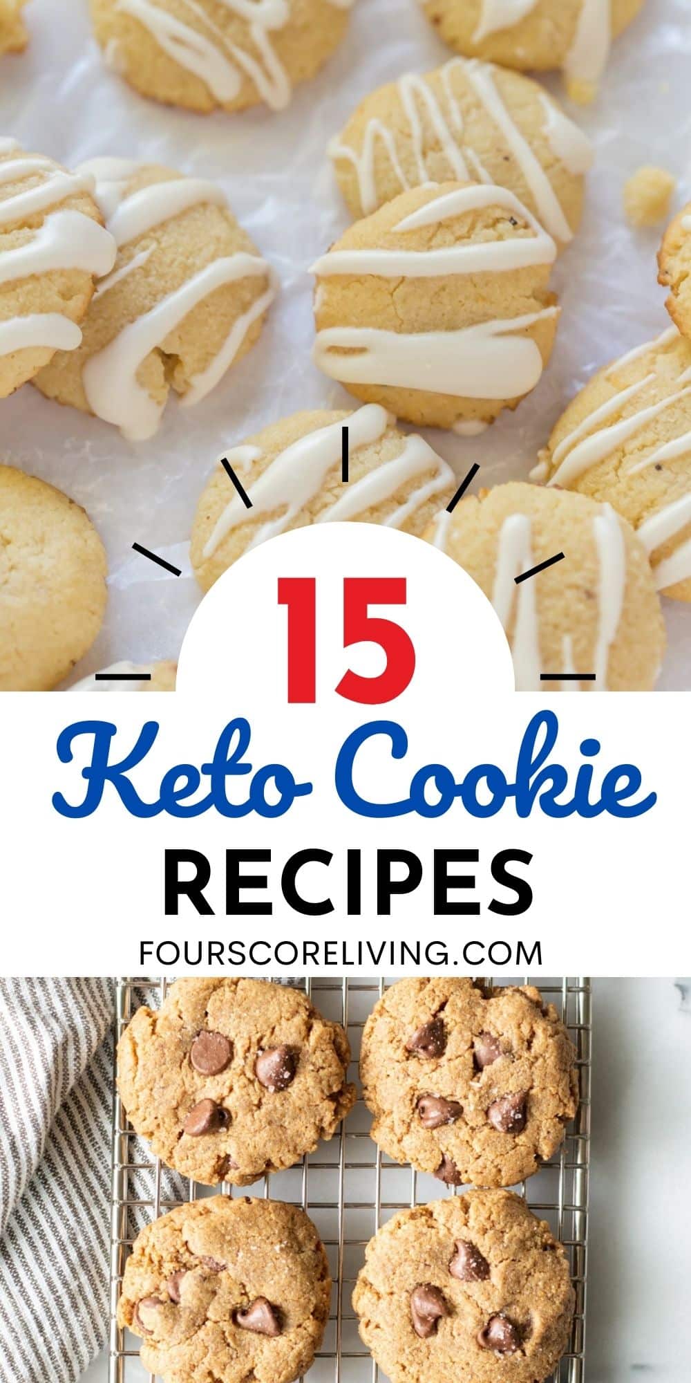 two photos of keto cookies in a collage with words 15 keto cookie recipes