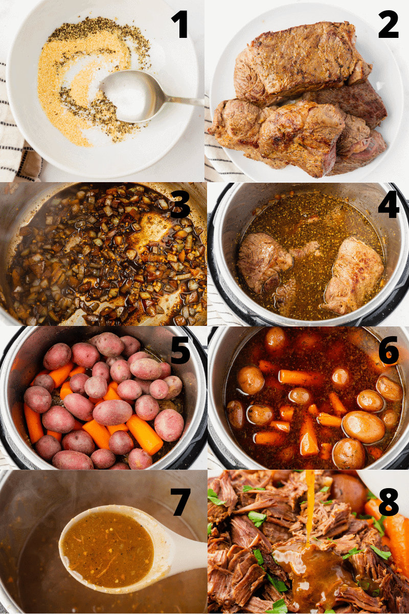 photo collage showing 8 steps needed to make instant pot pot roast