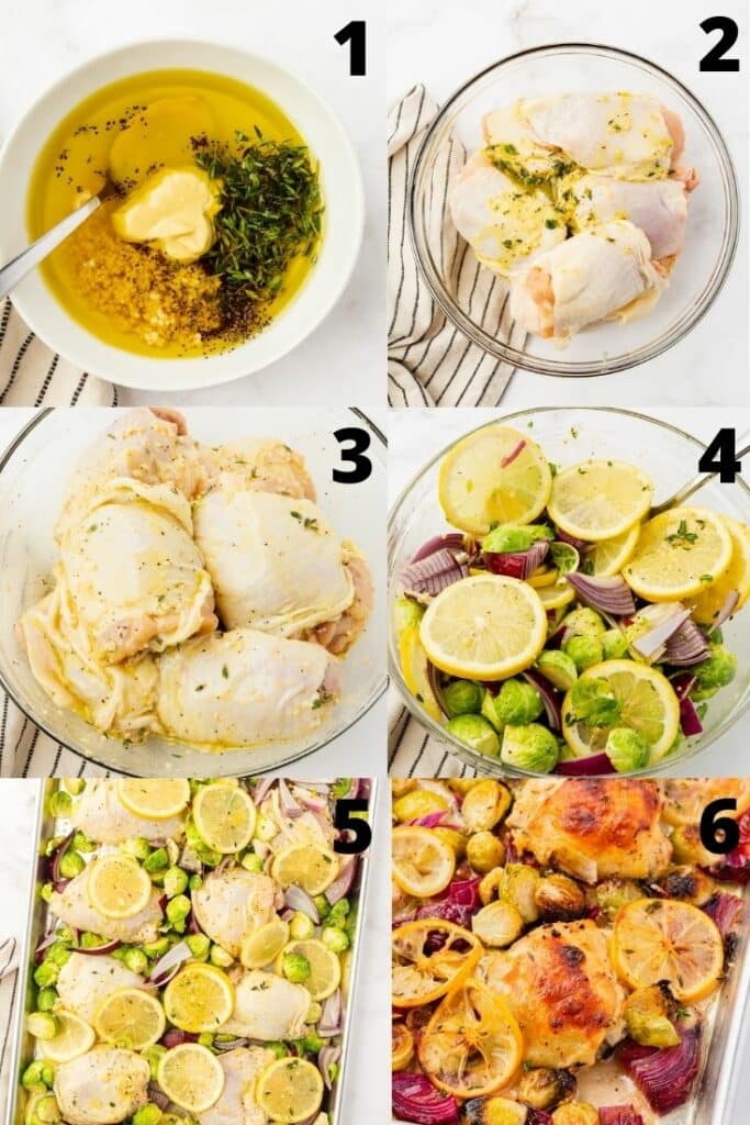 photo collage showing 6 steps needed to make sheet pan chicken and brussels sprouts