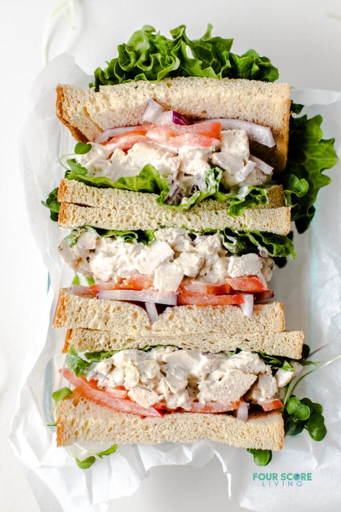 keto chicken salad on keto bread with lettuce and tomato