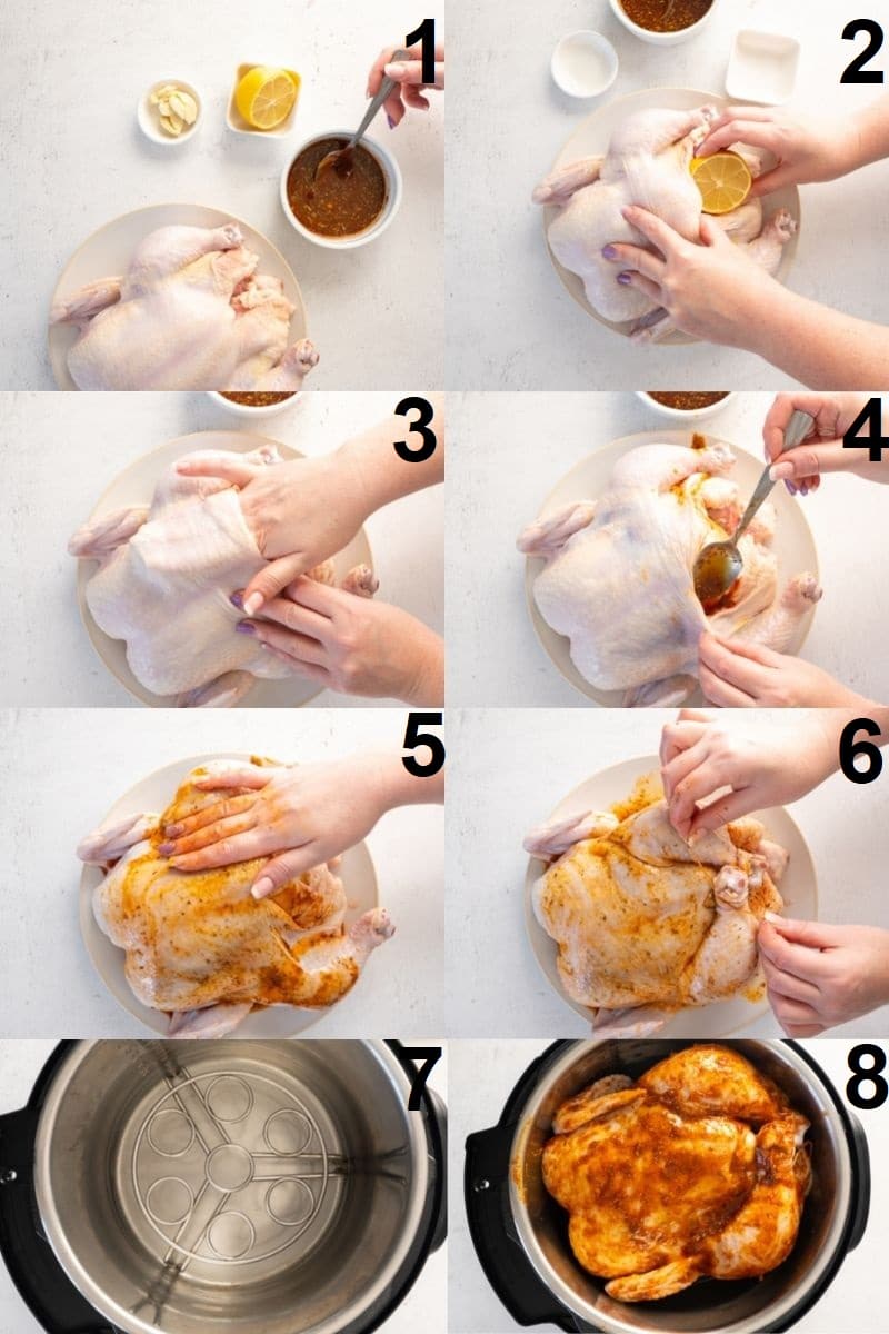 Photo collage showing 8 steps needed to make instant pot whole chicken