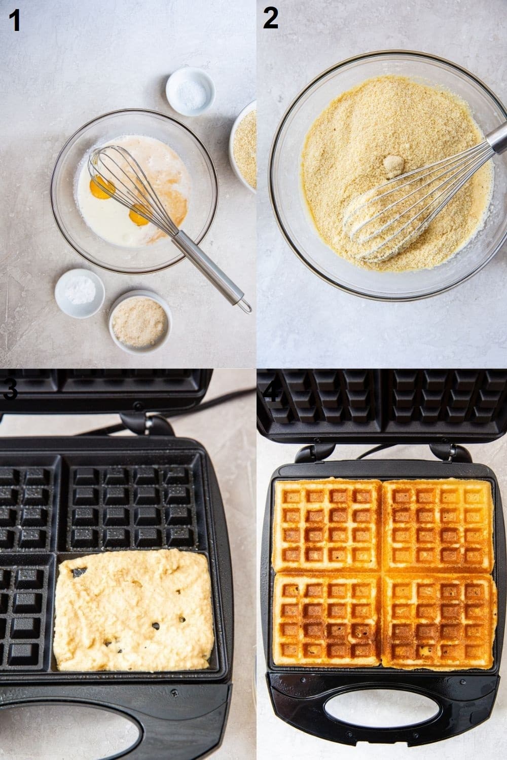 photo collage showing four steps needed to make keto waffles in a waffle iron
