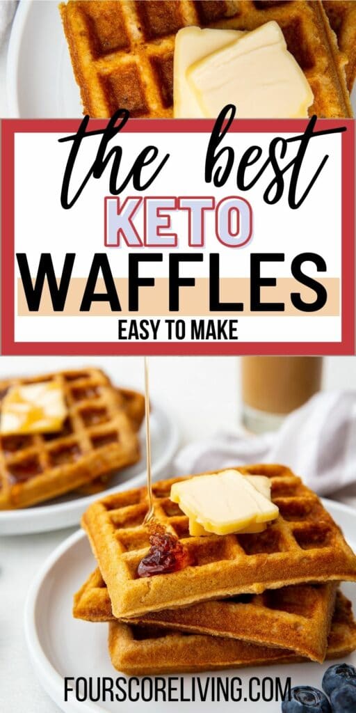 two images of keto waffles with a text box in between them with the words, the best keto waffles, easy to make