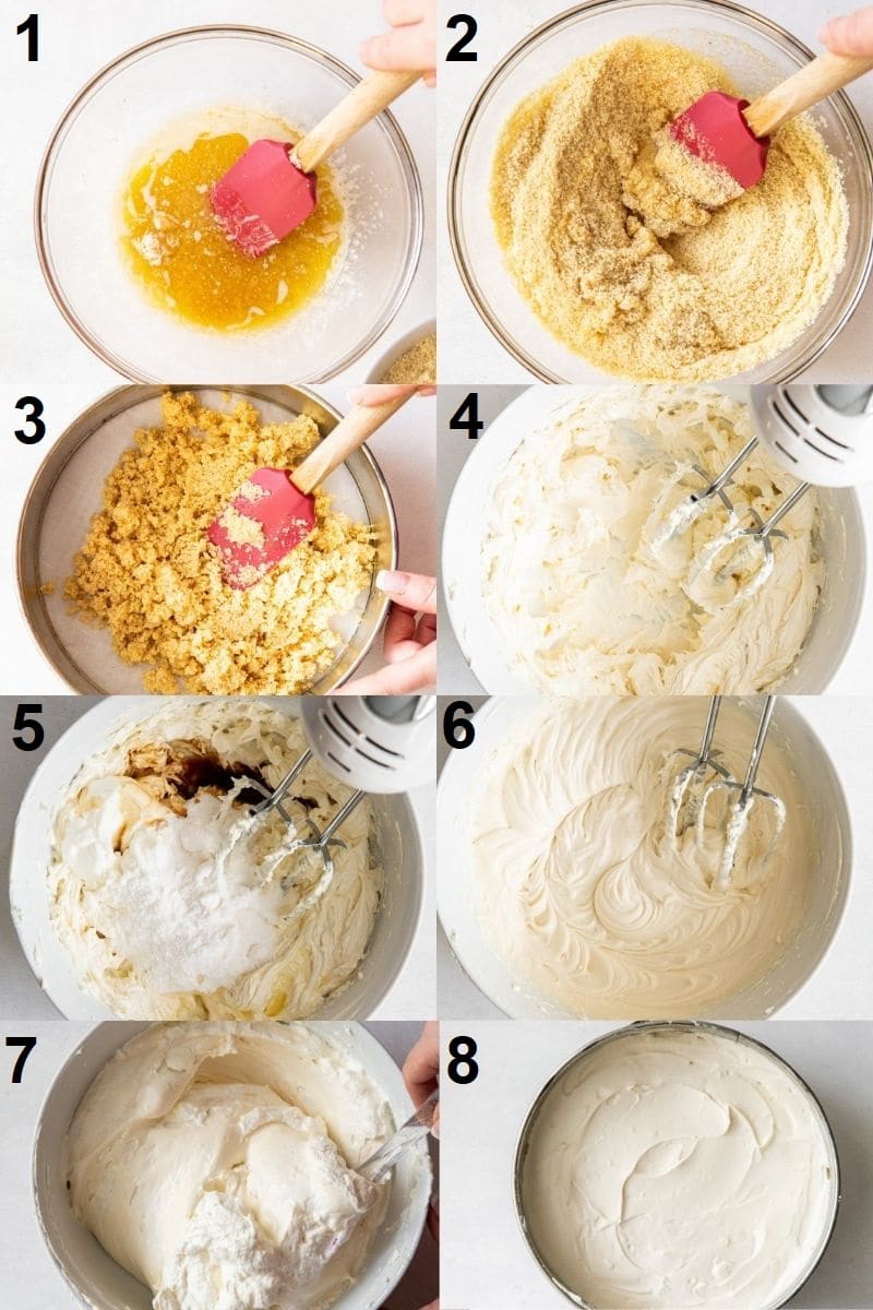 photo collage showing 8 steps needed to make keto no bake cheesecake