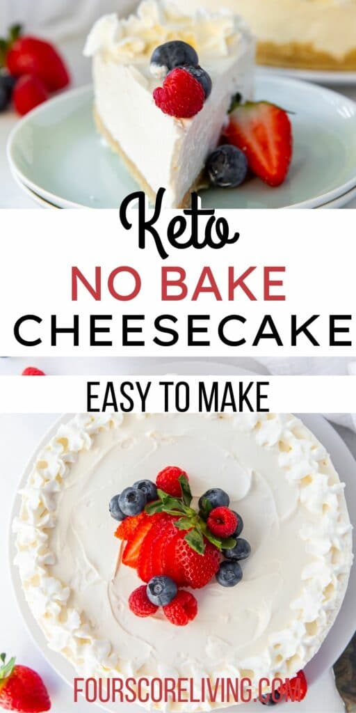 two images of keto no bake cheesecake with text overlay in a box in between them.