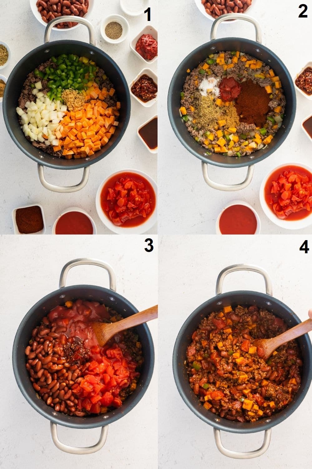 Photo collage showing 4 images of steps to take when making homemade chili with beef and sweet potatoes