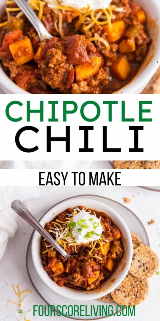 two images of chipotle chili with text in the center that says chipotle chili easy to make