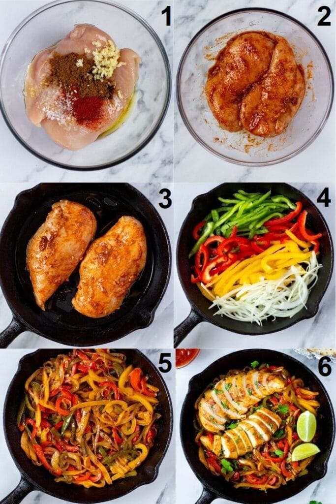 a collage of six photos showing the steps to make keto chicken fajitas