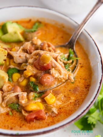 closeup shot of a white enameled bowl filled with brothy chicken chili with beans, corn, tomatoes, and cilantro. A spoon is lifting up a bite of the chili.