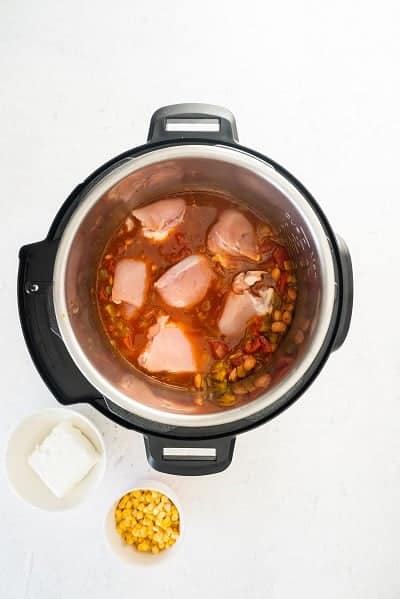 Top view photo of the Instant Pot with chicken added to the pot.