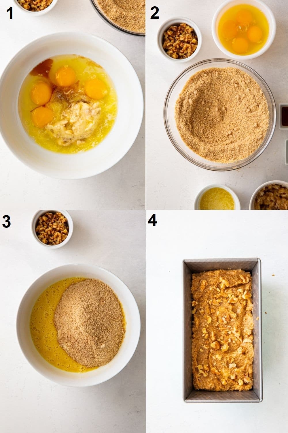 Photo collage showing the four steps you need to make Keto banana bread from scratch.