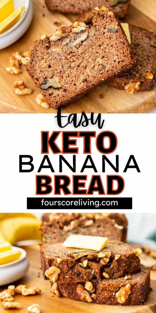 two images of keto banana bread. Text in center reads Easy Keto Banana Bread