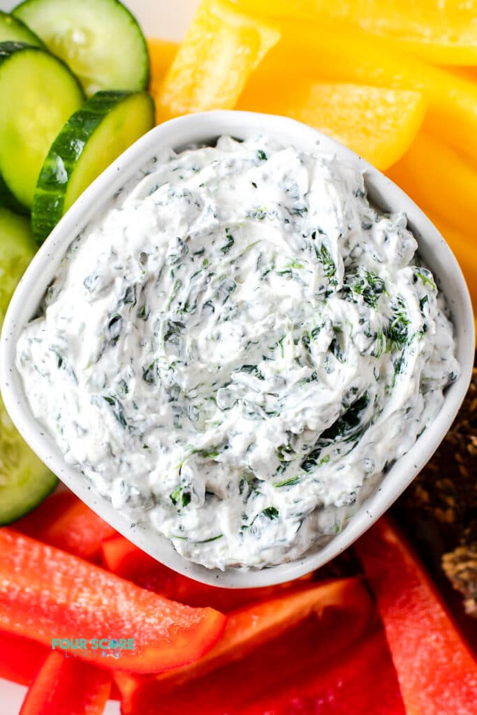 top down view of keto spinach dip in a bowl