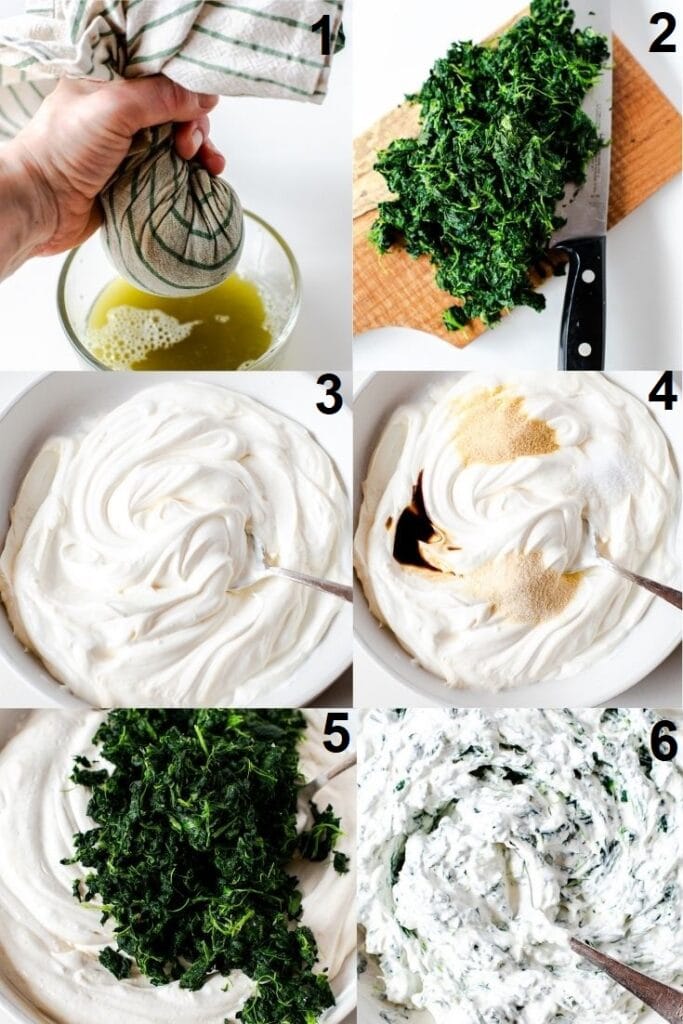 a collage of six photos showing how to make keto spinach dip
