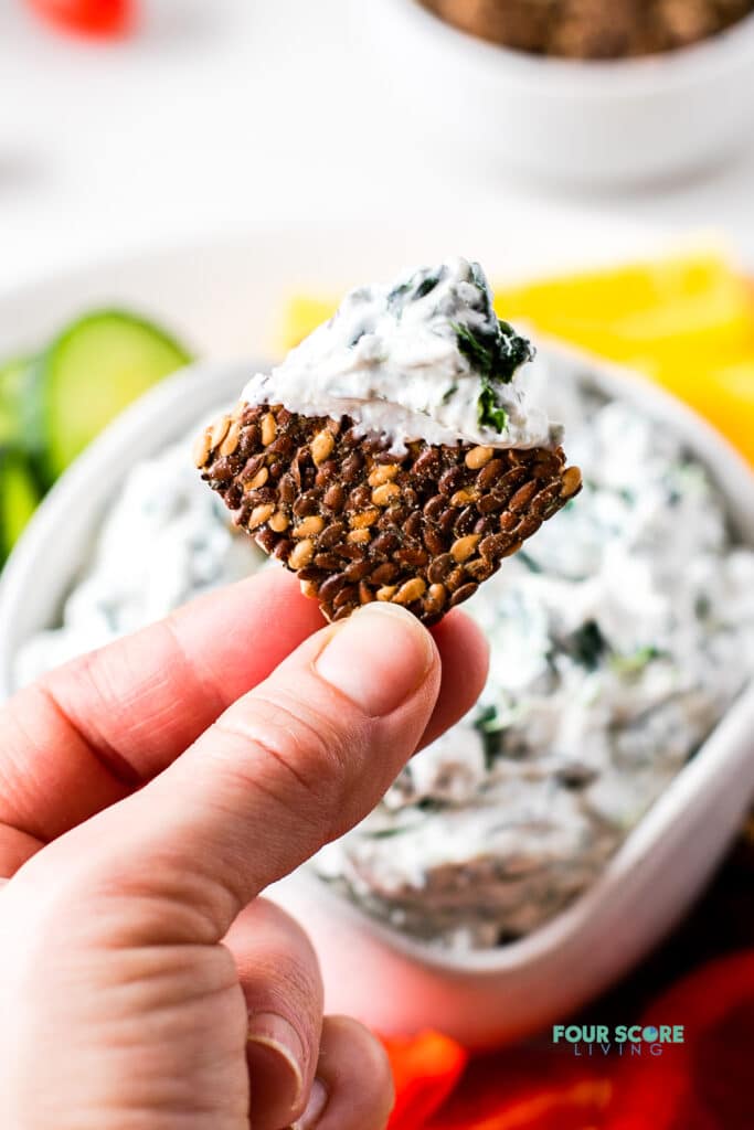 a hand holding a cracker with keto spinach dip