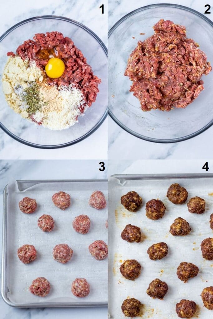 a collage of four photos showing how to make keto meatballs