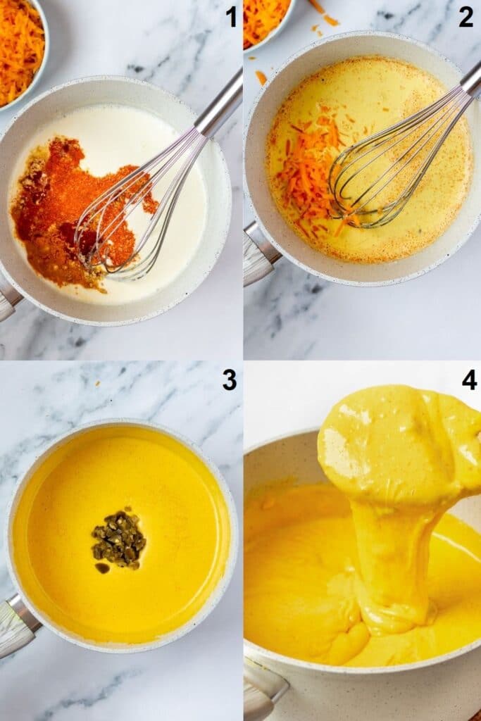 a collage of four photos showing how to make best keto queso