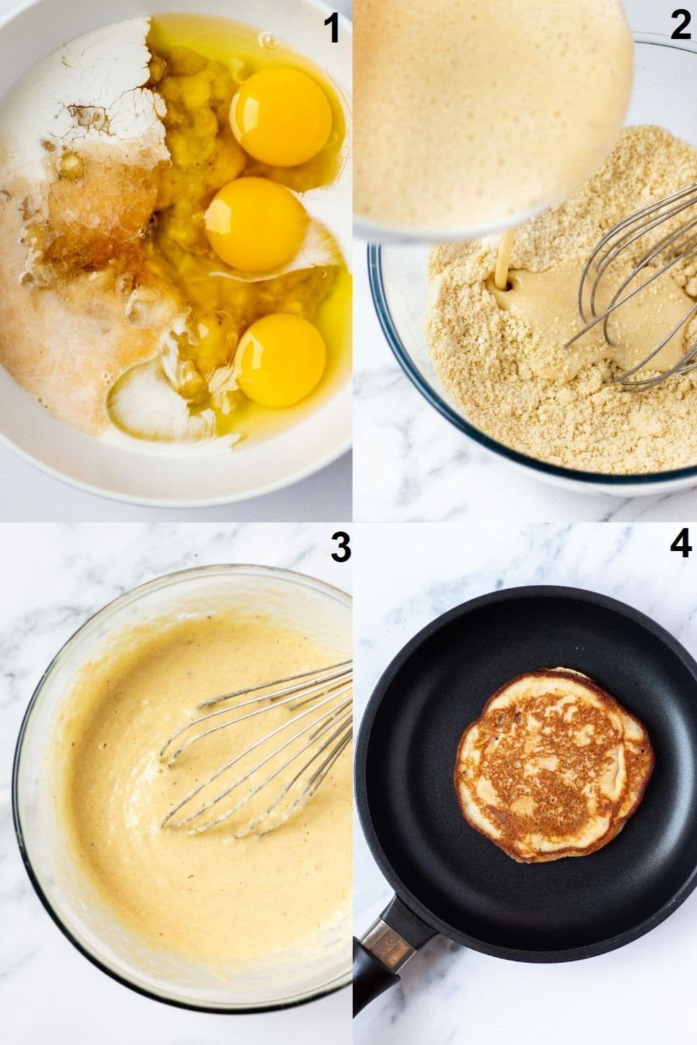 Photo collage of four images showing the steps to make almond flour banana pancakes