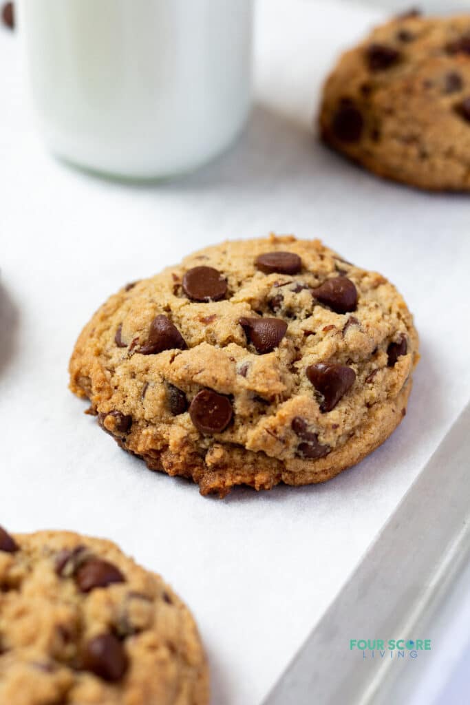 close up of a almond flour chocolate chip cookie