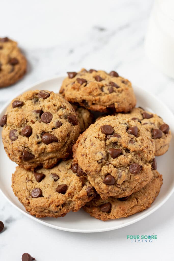 almond flour chocolate chip cookies on a white plate