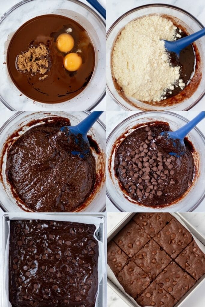 a collage of six photos showing the steps to make keto brownies