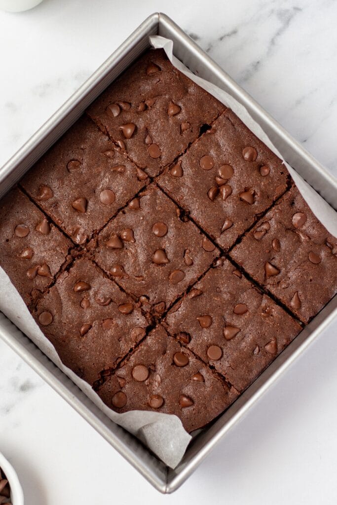 brownies in a pan sliced into squares