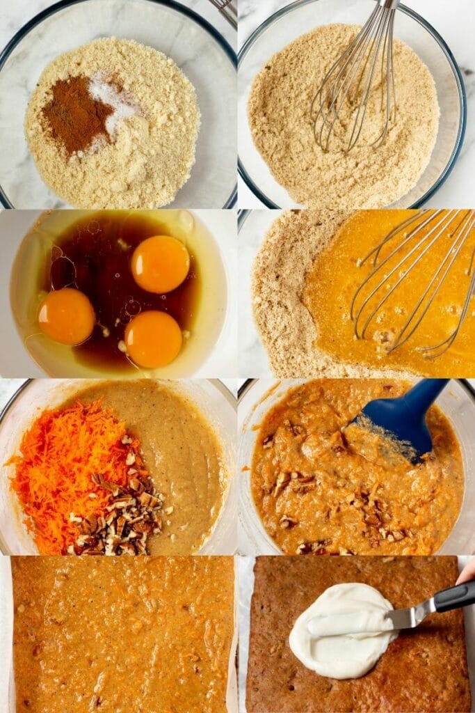 a collage of eight photos showing the steps to make keto carrot cake bars