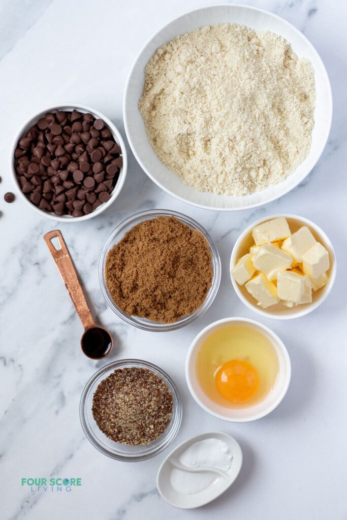 top down view of ingredients in almond flour chocolate chip cookies