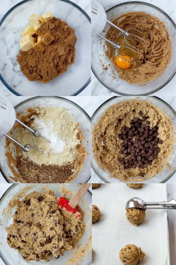 a collage of six photos showing how to make keto chocolate chip cookies
