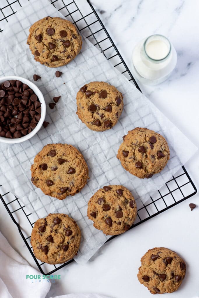 keto chocolate chip cookies on a cooking rack
