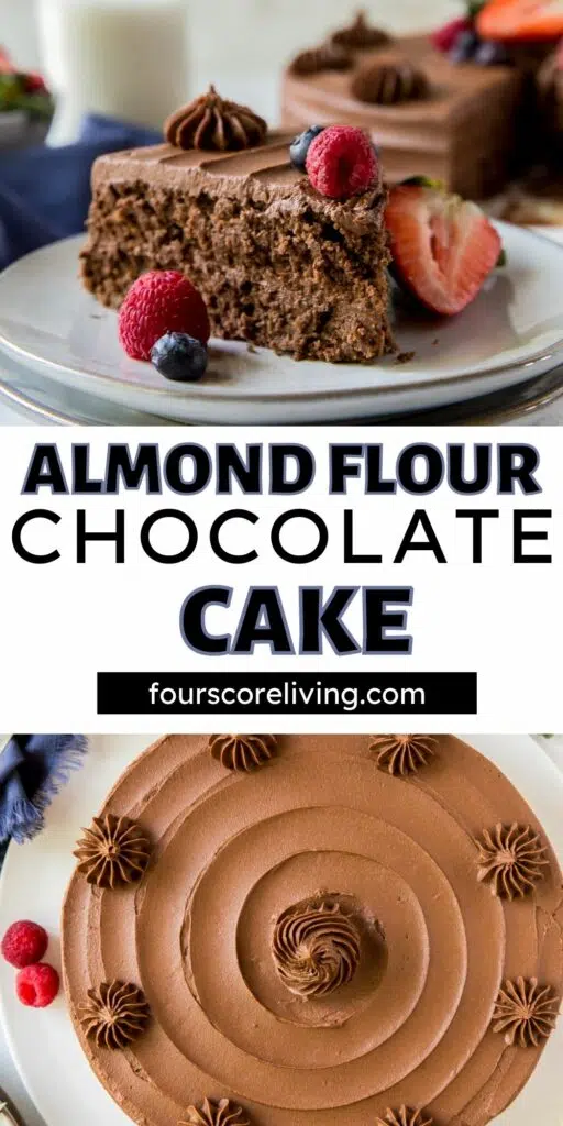 pinterest pin collage with two photos of almond flour chocolate cake