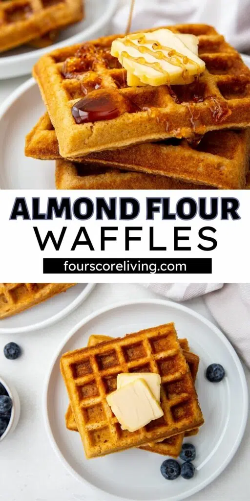 two photos in a pinterest pin collage of almond flour waffles