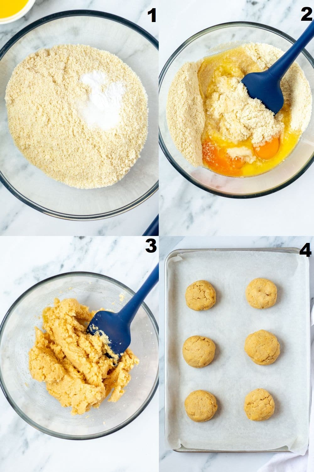 a collage of four images showing how to make almond flour biscuts from scratch