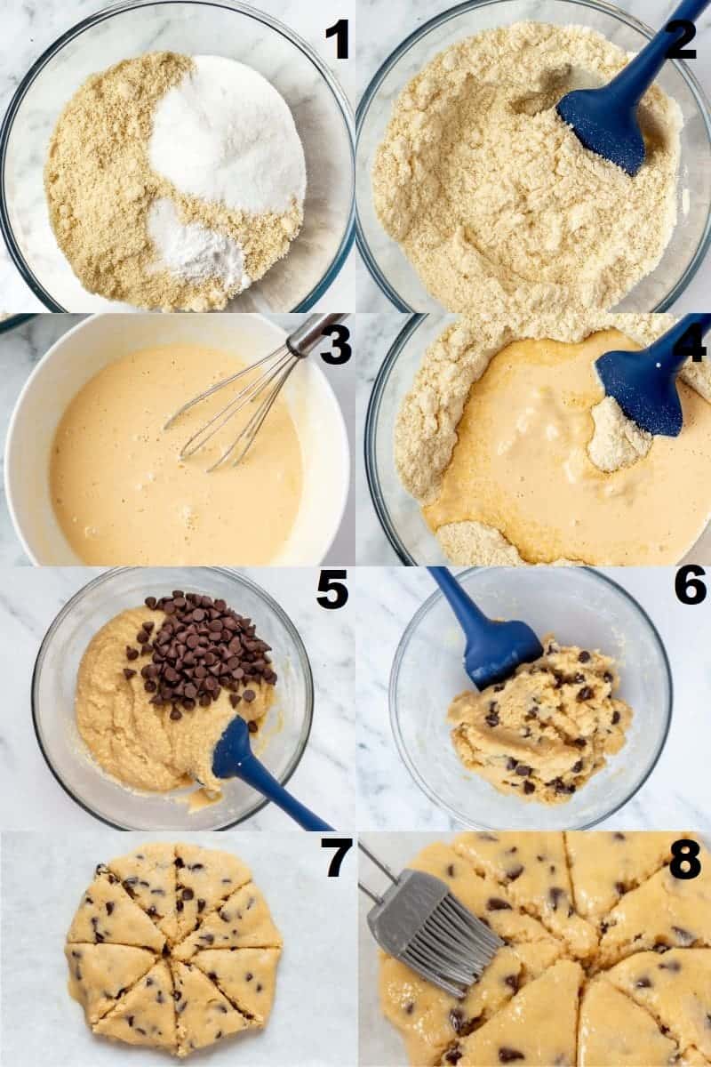 a collage of 8 images showing the process of making almond flour scones