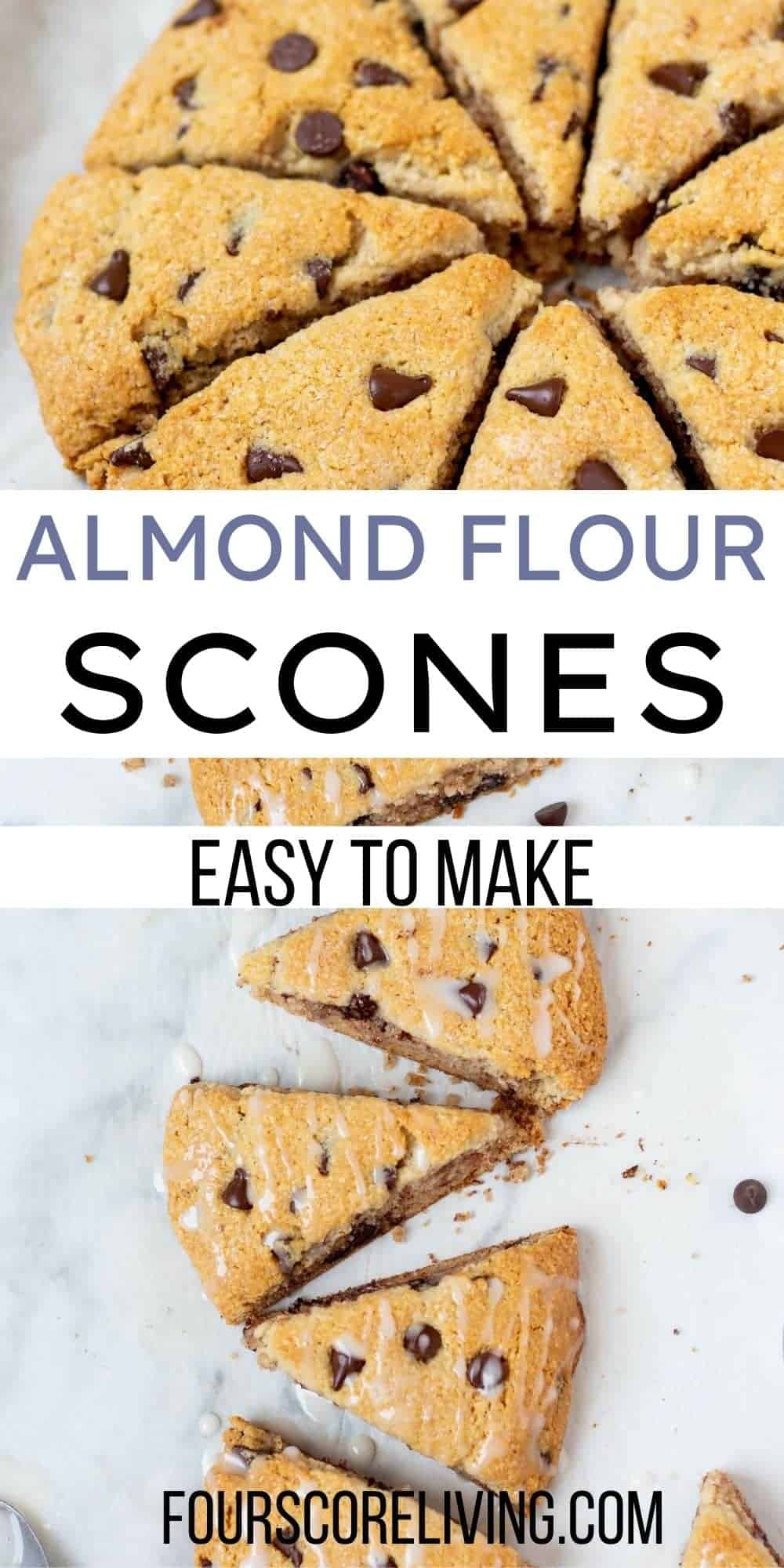 two photos of chocolate chip scones made with almond flour. Text over image says "almond flour scones. Easy to make."
