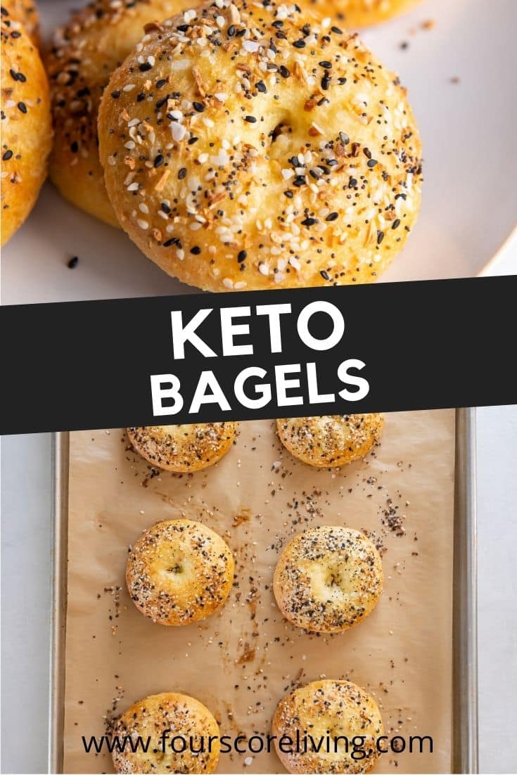 Two photos of keto bagels with everything bagel seasoning. Text in black box with title.