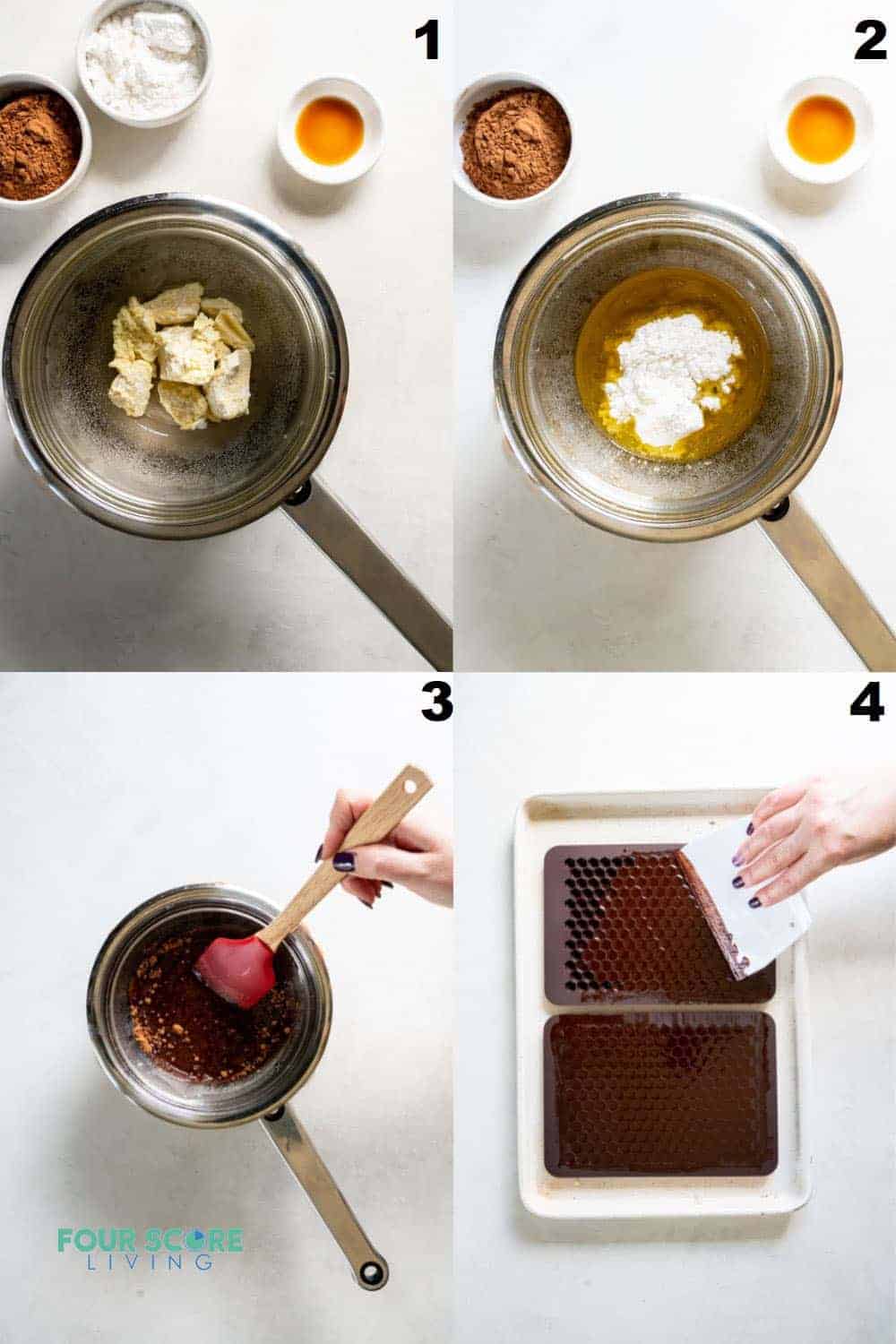 a collage of four images showing the process for making keto chocolate chips from scratch