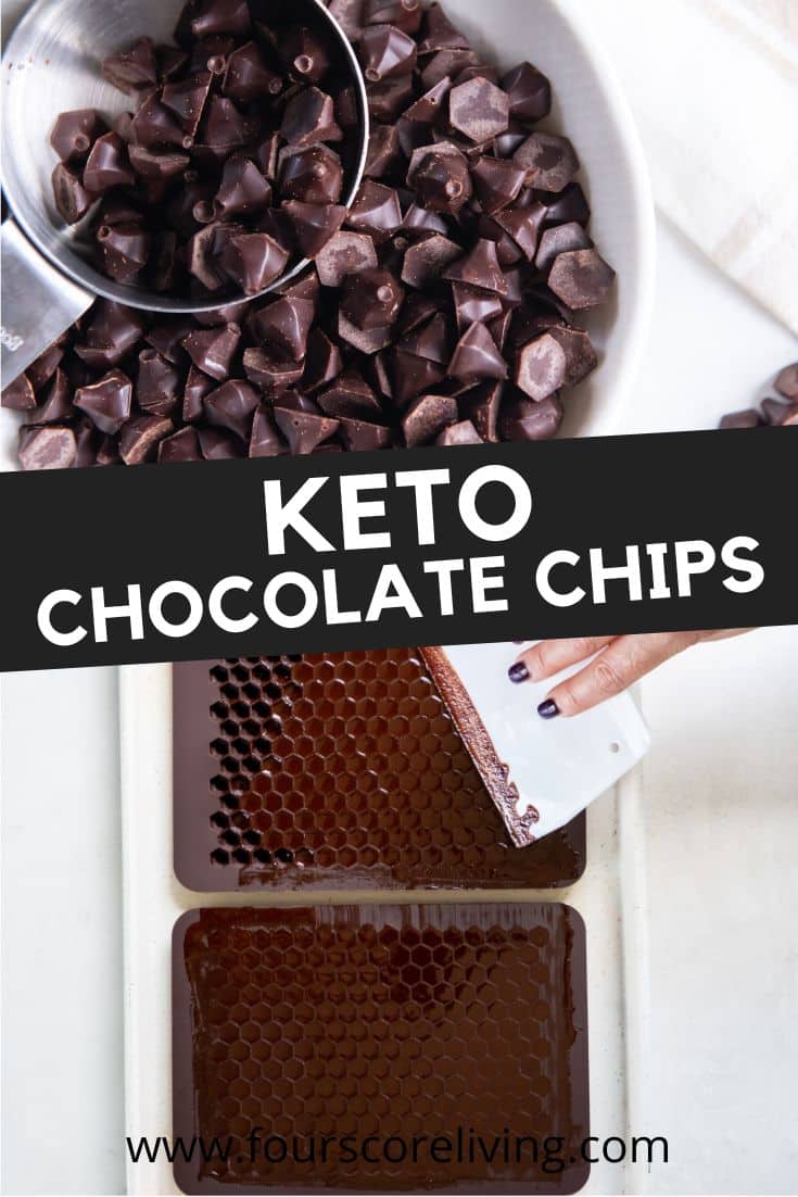 a photo of homemade keto chocolate chips and a photo of the mold used to make them. Text in between the photos says Keto Chocolate Chips in white letters in a black box.